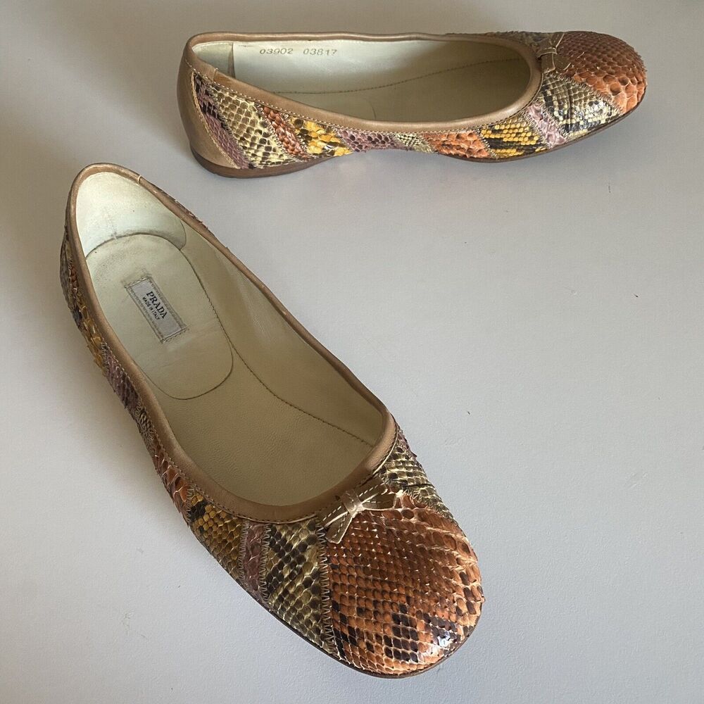 Prada Ballet Flat Leather Snake Python Patchwork Bow Brown Beige Orange 35.5 - Picture 8 of 12